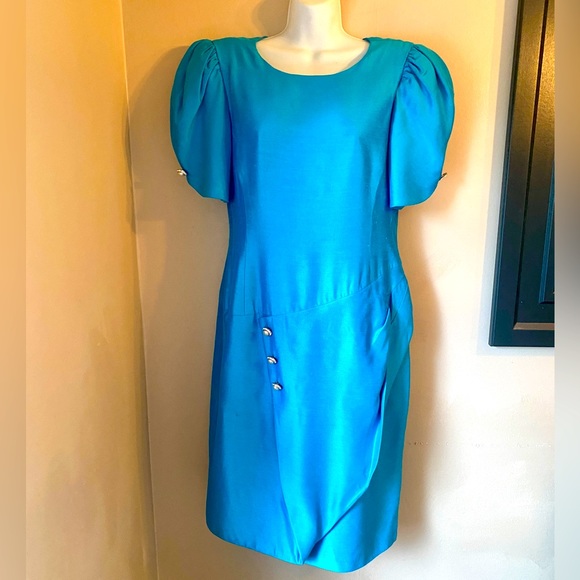 🦋BARBARA CHODOS🦋 for MICHAEL MARCELLA VTG SATIN PUFF SLEEVE JEWEL DROP WAIST👗 - Picture 1 of 13